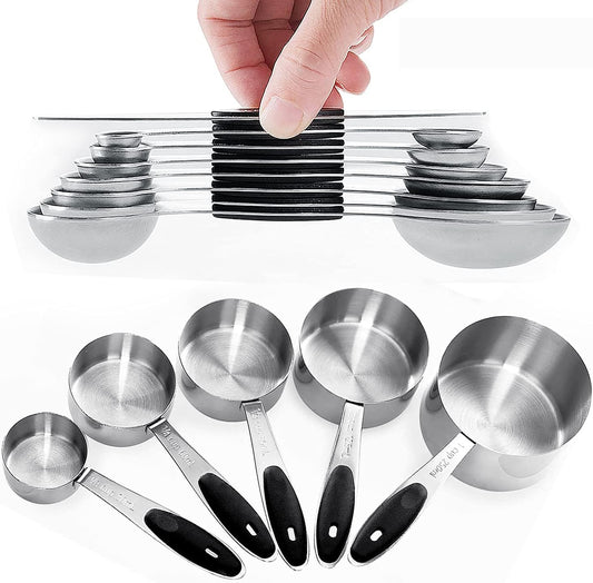 Measuring Cups and Magnetic Measuring Spoons Set, Stainless Steel 5 Cups and 7 Spoons and 1 Levele (13 Measuring Cups Set)