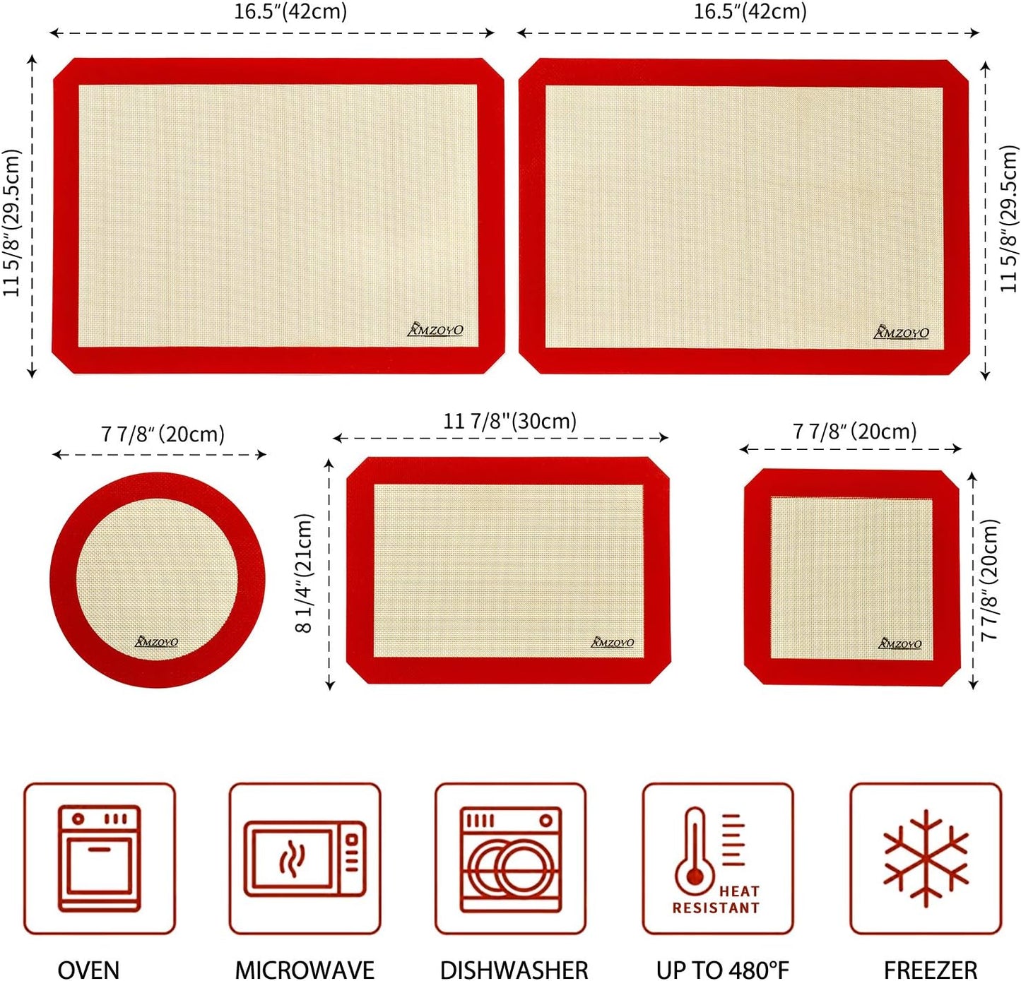 Silicone Baking Mats Set of 5, Including 2 Half Sheet Mats + 1 Quarter Sheet Liner + 1 round & 1 Square Cake Pan Mat, 100% Non-Stick Reusable Food Safe Liners for Baking Macaron Cookie Pizza