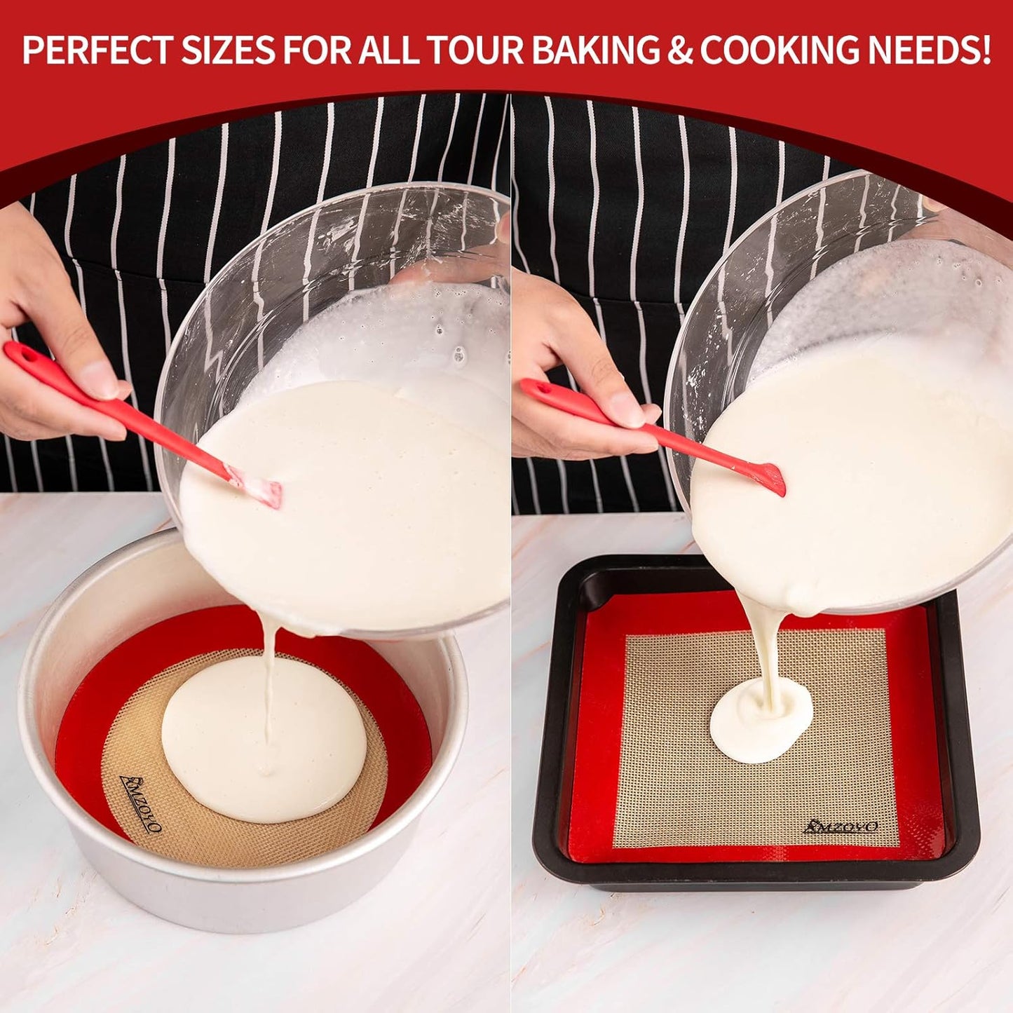 Silicone Baking Mats Set of 5, Including 2 Half Sheet Mats + 1 Quarter Sheet Liner + 1 round & 1 Square Cake Pan Mat, 100% Non-Stick Reusable Food Safe Liners for Baking Macaron Cookie Pizza