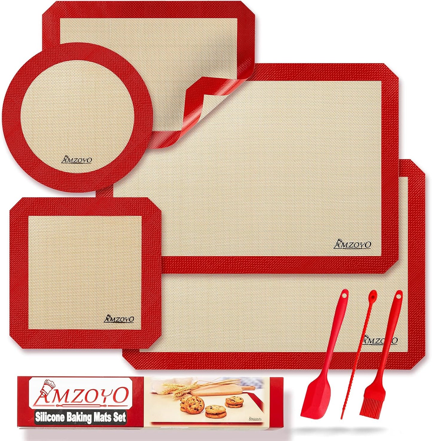Silicone Baking Mats Set of 5, Including 2 Half Sheet Mats + 1 Quarter Sheet Liner + 1 round & 1 Square Cake Pan Mat, 100% Non-Stick Reusable Food Safe Liners for Baking Macaron Cookie Pizza