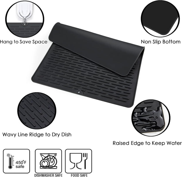 Dish Drying Rack, Kitchen Compact Modern 304 Stainless Steel Dish Drainers Dish Rack with Utensil Holder and Silicone Drying Mat Set for Kitchen Countertop 17.6 X 15.6 Inches, Black