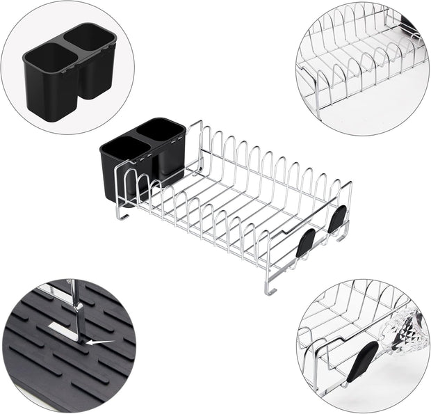 Dish Drying Rack, Kitchen Compact Modern 304 Stainless Steel Dish Drainers Dish Rack with Utensil Holder and Silicone Drying Mat Set for Kitchen Countertop 17.6 X 15.6 Inches, Black