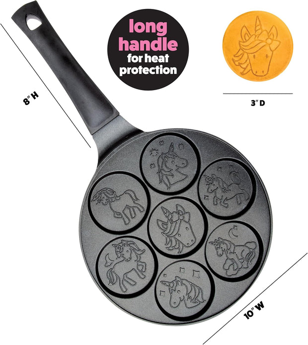 Unicorn Mini Pancake Pan - Make 7 Unique Flapjack Unicorns, Nonstick Pan Cake Maker Griddle for Breakfast Fun & Easy Cleanup, Magical Birthday Treat or Gift for Kids Party- Easy to Use Long Handle