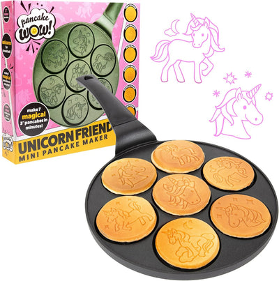Unicorn Mini Pancake Pan - Make 7 Unique Flapjack Unicorns, Nonstick Pan Cake Maker Griddle for Breakfast Fun & Easy Cleanup, Magical Birthday Treat or Gift for Kids Party- Easy to Use Long Handle