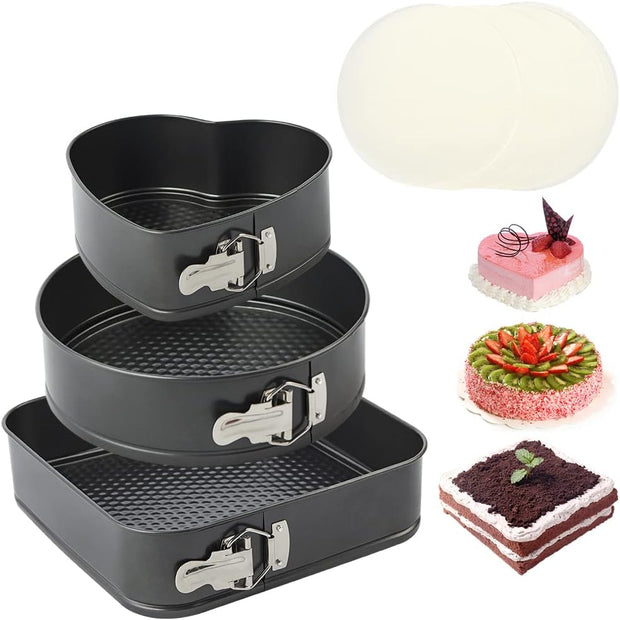 Springform Pan Set 3 Pieces/Set, Heart-Shaped & round &Square Pan, Detachable, Non-Stick, Baking Chesecake Pans Set for Baker and Baking Enthusiast