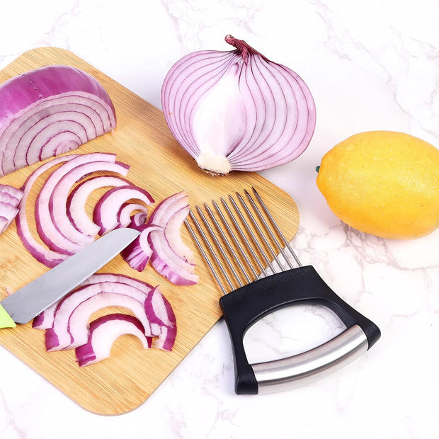 4 Pieces Onion Holder Slicer Stainless Steel Onion Cutter Holder Multifunction Food Slice Assistant Onion Holder for Slicing Onions Vegetables Meat Fruit