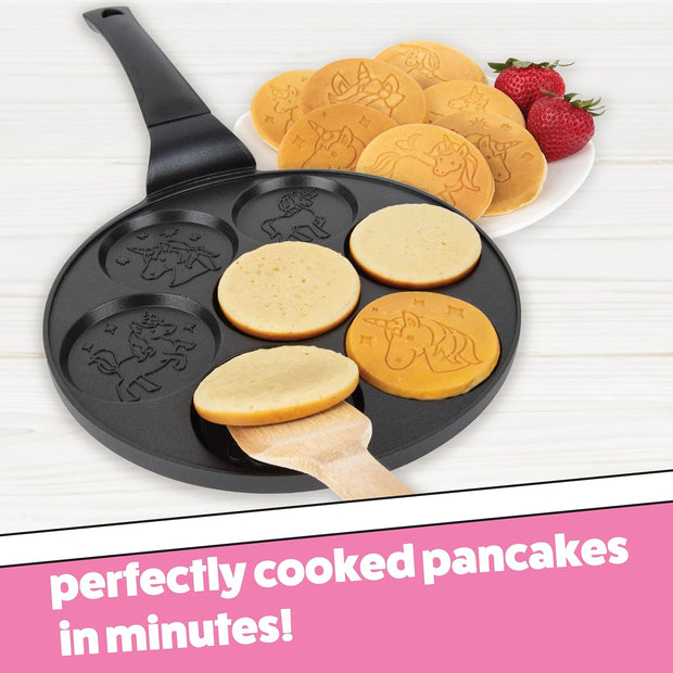 Unicorn Mini Pancake Pan - Make 7 Unique Flapjack Unicorns, Nonstick Pan Cake Maker Griddle for Breakfast Fun & Easy Cleanup, Magical Birthday Treat or Gift for Kids Party- Easy to Use Long Handle