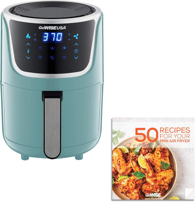 USA Electric Mini Air Fryer with Digital Touchscreen + Recipe Book, 1.7-Qt up to 2 Qt Max, Mint/Silver