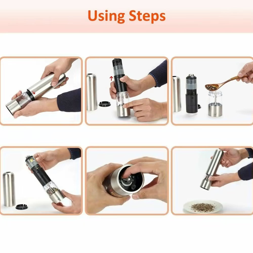 Stainless Steel Electric Automatic Salt Pepper Spice Grinder Mill Adjustable Coarseness Battery Operated with LED Light