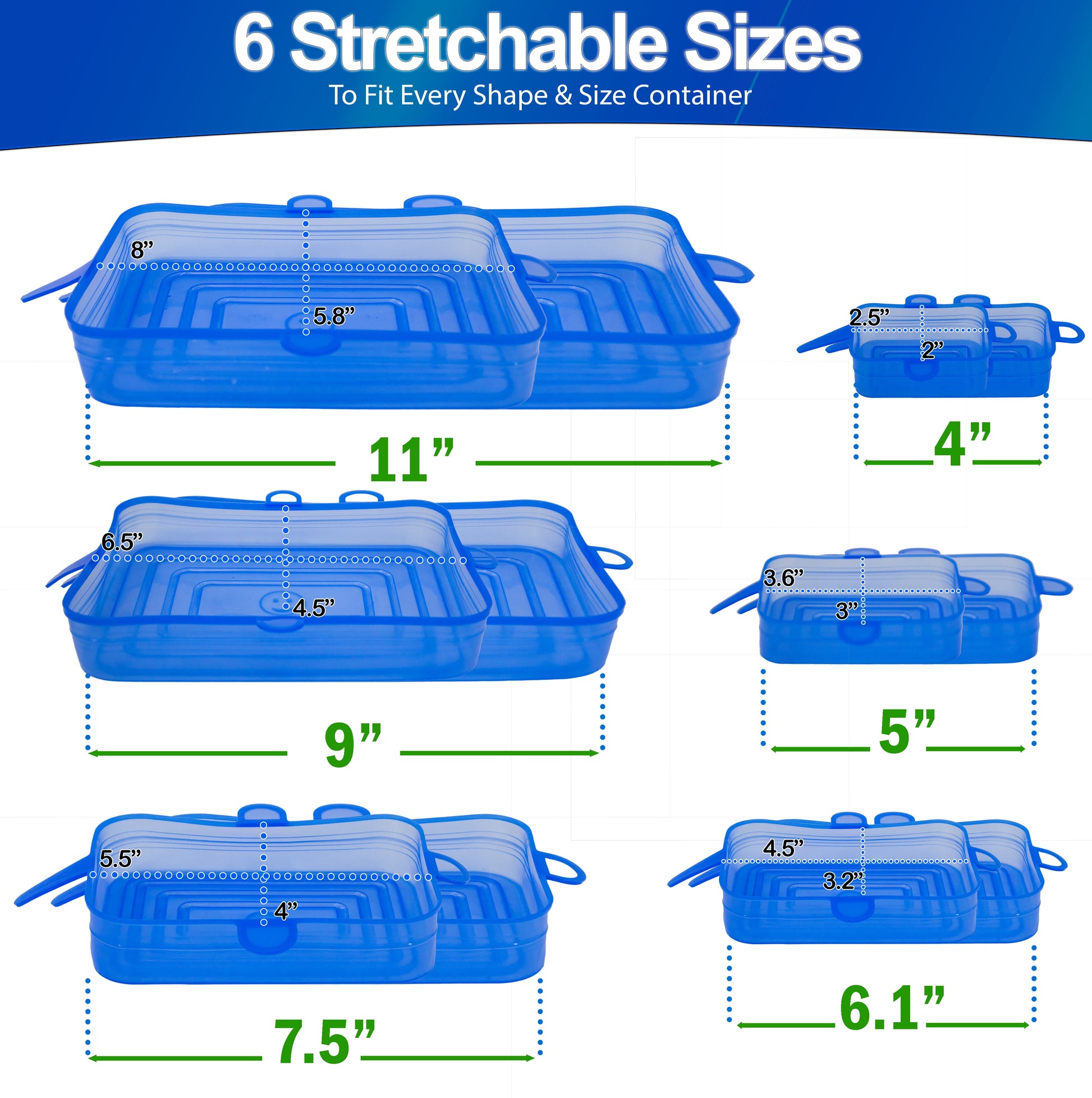 Stretch Lids Silicone Food Storage Container Lids - Reusable Rectangular 6-Pack - Leak-Proof & Eco-Friendly Covers for Fresh Food Storage in Plastic Containers, Jars, Bins, Cups & Mason Bowls - White