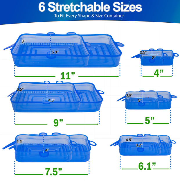 Stretch Lids Silicone Food Storage Container Lids - Reusable Rectangular 6-Pack - Leak-Proof & Eco-Friendly Covers for Fresh Food Storage in Plastic Containers, Jars, Bins, Cups & Mason Bowls - White