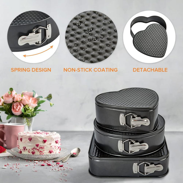 Springform Pan Set 3 Pieces/Set, Heart-Shaped & round &Square Pan, Detachable, Non-Stick, Baking Chesecake Pans Set for Baker and Baking Enthusiast