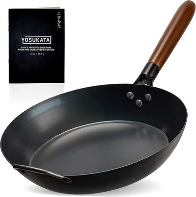 Coating-Free Carbon Steel Pan - 11.8 Inch Stir Frying Pan with Removable Heat-Resistant Wooden Handle - No Nonstick Coating - Oven Safe - Black
