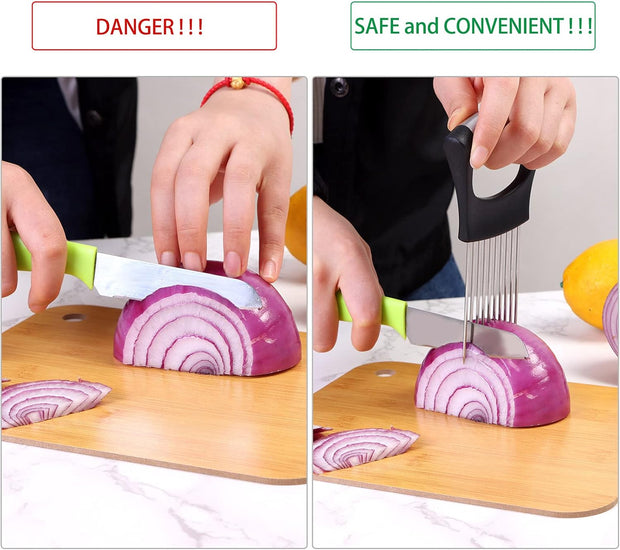 4 Pieces Onion Holder Slicer Stainless Steel Onion Cutter Holder Multifunction Food Slice Assistant Onion Holder for Slicing Onions Vegetables Meat Fruit