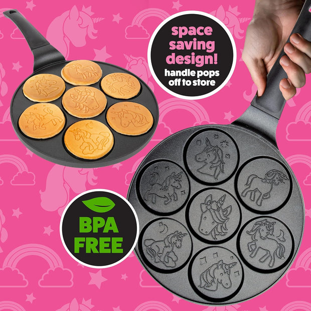 Unicorn Mini Pancake Pan - Make 7 Unique Flapjack Unicorns, Nonstick Pan Cake Maker Griddle for Breakfast Fun & Easy Cleanup, Magical Birthday Treat or Gift for Kids Party- Easy to Use Long Handle