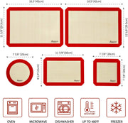 Silicone Baking Mats Set of 5, Including 2 Half Sheet Mats + 1 Quarter Sheet Liner + 1 round & 1 Square Cake Pan Mat, 100% Non-Stick Reusable Food Safe Liners for Baking Macaron Cookie Pizza