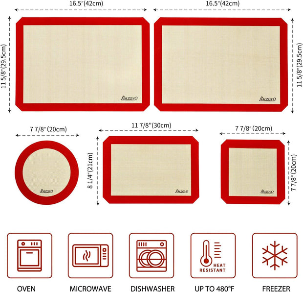 Silicone Baking Mats Set of 5, Including 2 Half Sheet Mats + 1 Quarter Sheet Liner + 1 round & 1 Square Cake Pan Mat, 100% Non-Stick Reusable Food Safe Liners for Baking Macaron Cookie Pizza