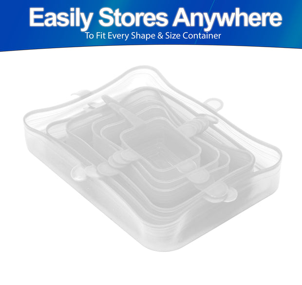 Stretch Lids Silicone Food Storage Container Lids - Reusable Rectangular 6-Pack - Leak-Proof & Eco-Friendly Covers for Fresh Food Storage in Plastic Containers, Jars, Bins, Cups & Mason Bowls - White