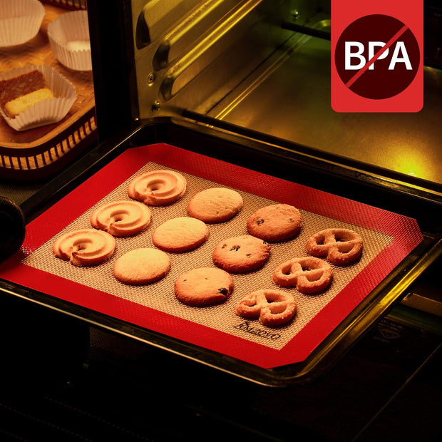 Silicone Baking Mats Set of 5, Including 2 Half Sheet Mats + 1 Quarter Sheet Liner + 1 round & 1 Square Cake Pan Mat, 100% Non-Stick Reusable Food Safe Liners for Baking Macaron Cookie Pizza