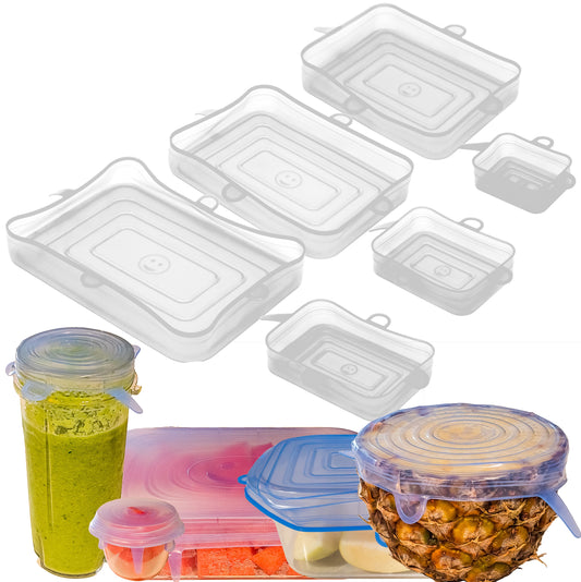 Stretch Lids Silicone Food Storage Container Lids - Reusable Rectangular 6-Pack - Leak-Proof & Eco-Friendly Covers for Fresh Food Storage in Plastic Containers, Jars, Bins, Cups & Mason Bowls - White