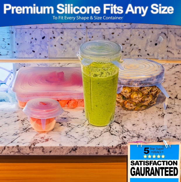 Stretch Lids Silicone Food Storage Container Lids - Reusable Rectangular 6-Pack - Leak-Proof & Eco-Friendly Covers for Fresh Food Storage in Plastic Containers, Jars, Bins, Cups & Mason Bowls - White