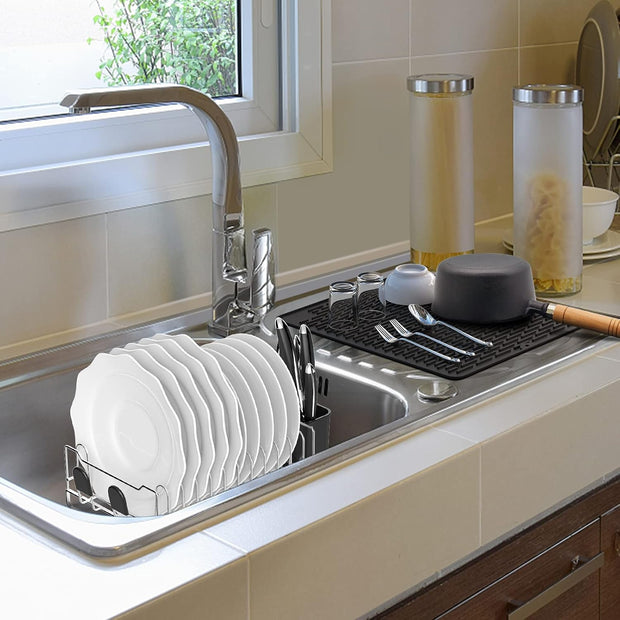 Dish Drying Rack, Kitchen Compact Modern 304 Stainless Steel Dish Drainers Dish Rack with Utensil Holder and Silicone Drying Mat Set for Kitchen Countertop 17.6 X 15.6 Inches, Black