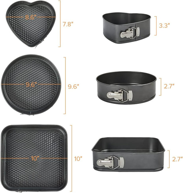 Springform Pan Set 3 Pieces/Set, Heart-Shaped & round &Square Pan, Detachable, Non-Stick, Baking Chesecake Pans Set for Baker and Baking Enthusiast