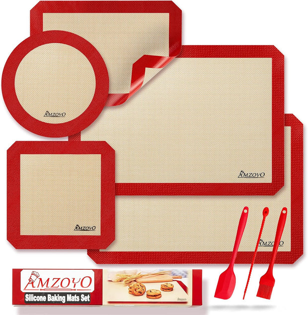 Silicone Baking Mats Set of 5, Including 2 Half Sheet Mats + 1 Quarter Sheet Liner + 1 round & 1 Square Cake Pan Mat, 100% Non-Stick Reusable Food Safe Liners for Baking Macaron Cookie Pizza